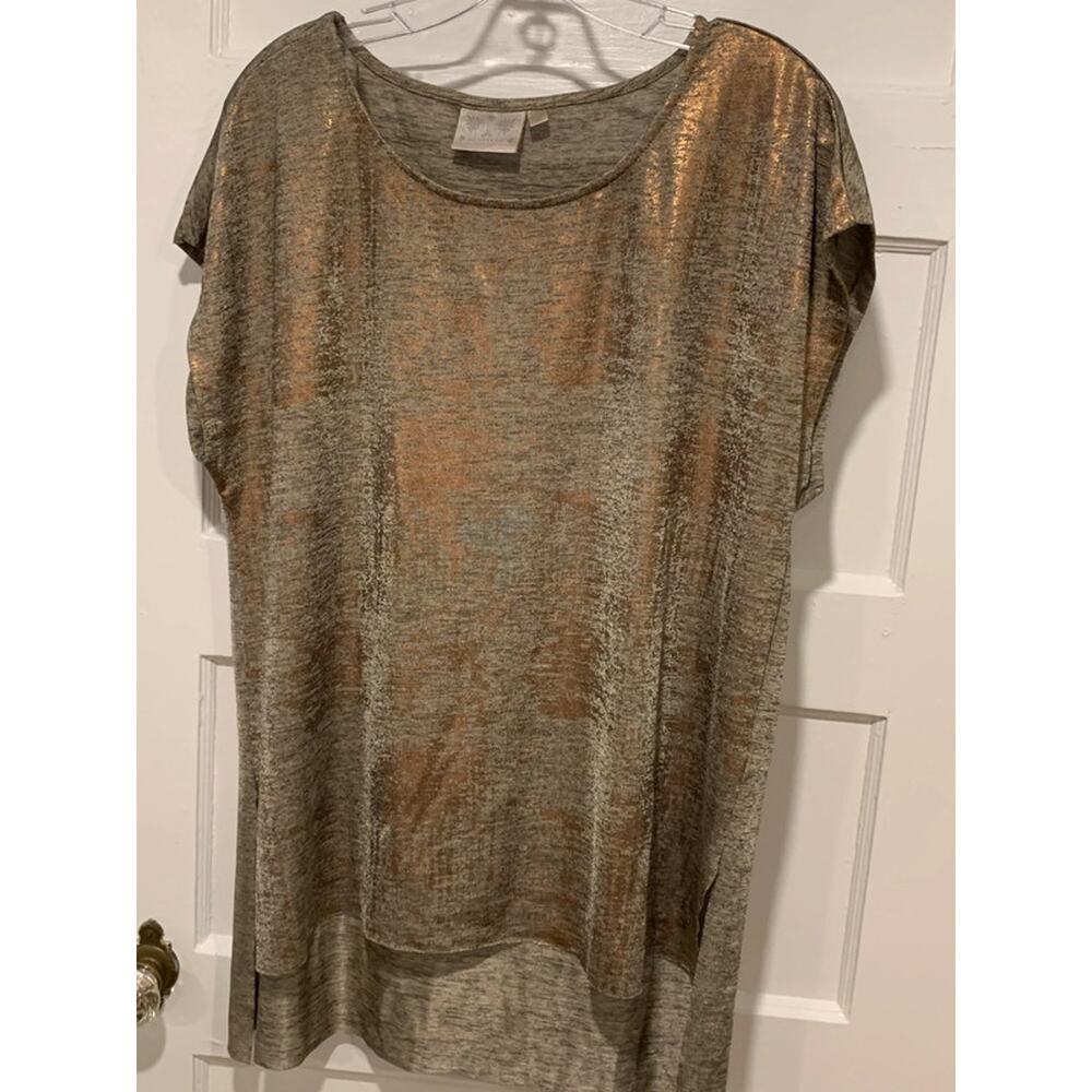 Dantelle Women's Metallic Gold Top X-Large Foil Print Shimmer Blouse Step Hem